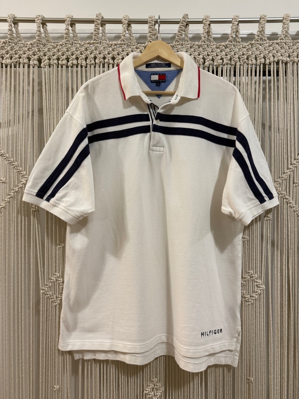 Tommy Hilfiger White Polo with Navy Stripes and Red Trim